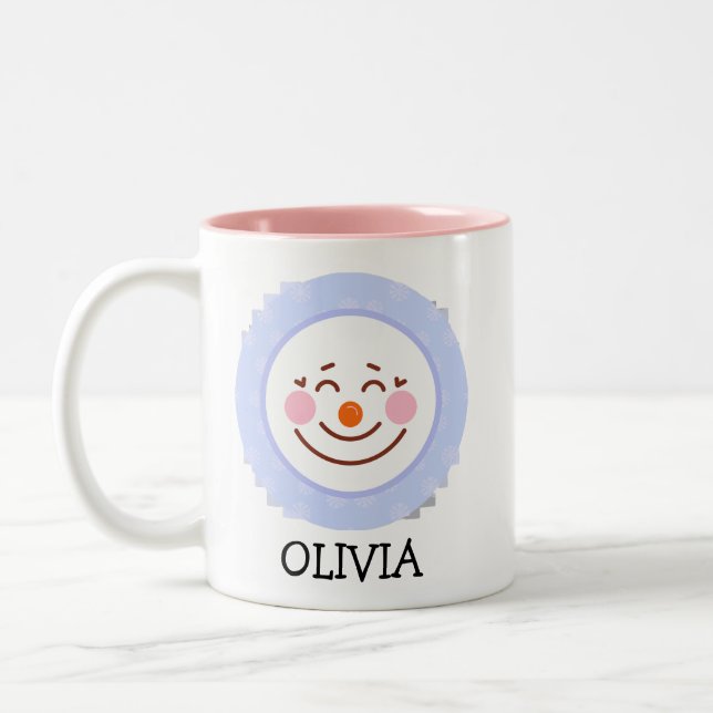 Happy Snowman Face Personalized Name Holiday Two  Two-Tone Coffee Mug (Left)
