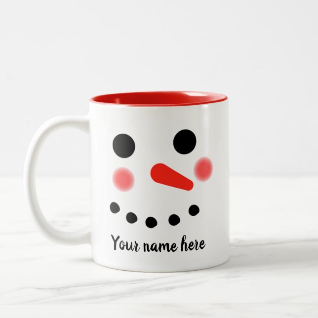 Happy Snowman Face Personalized Name Two-Tone Coffee Mug (Left)