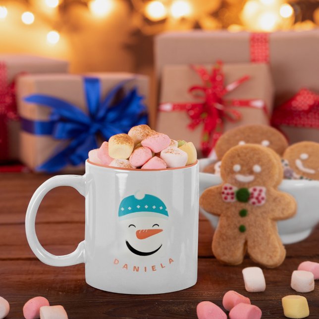 Happy Snowman Face Personalized Text Two-Tone Coffee Mug (Creator Uploaded)