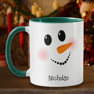 Happy Snowman Face Red Custom Name Two-Tone Mug