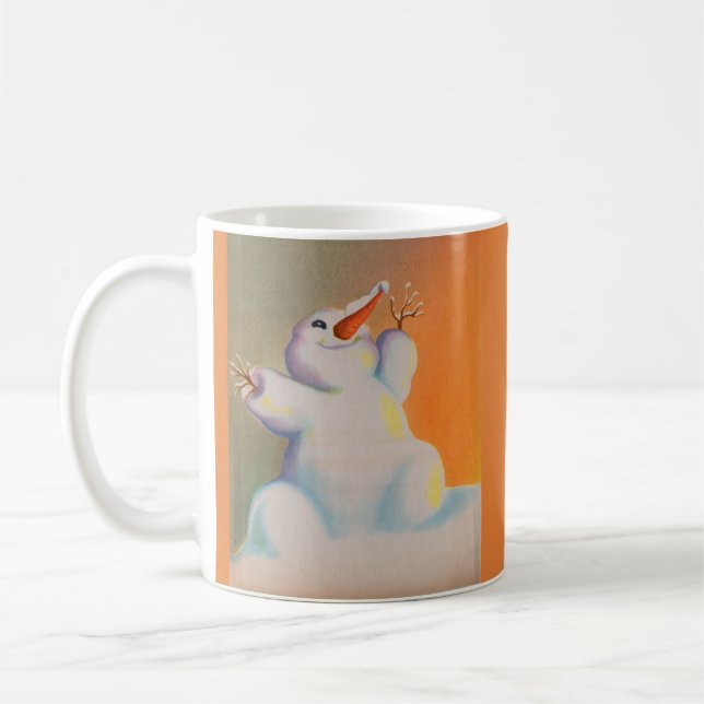 happy snowman greets the morning coffee mug (Left)