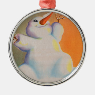 happy snowman greets the morning metal ornament