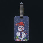 Happy Snowman Hat Scarf Christmas Lights Snow Luggage Tag<br><div class="desc">This custom luggage tag is dark blue with falling snow and a happy snowman wearing a red and blue hat and scarf holding a bright lit string of colourful Christmas Lights.  Customize your name and address with the template.</div>