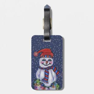 Happy Snowman Hat Scarf Christmas Lights Snow Luggage Tag