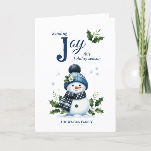 Happy Snowman Holly Snowflake Navy White Winter Holiday Card