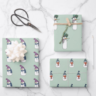 Happy Snowman In Mint Wrapping Paper Set of 3