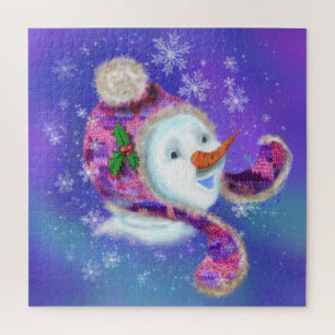 Happy Snowman In Purple Pink Beanie Winter Hat Fun Jigsaw Puzzle