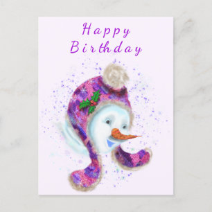 Happy Snowman In Purple Pink Beanie Winter Hat Fun Postcard
