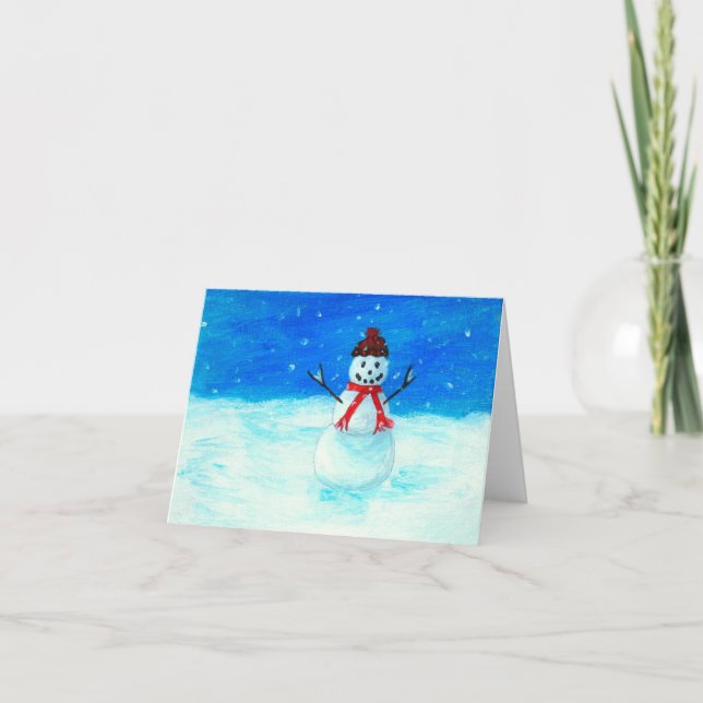 Happy Snowman Landscape Art Snow Snowing Holiday Card (Front)