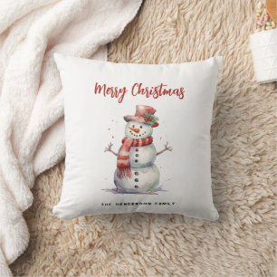 Happy Snowman Merry Christmas Custom Family Name Throw Pillow