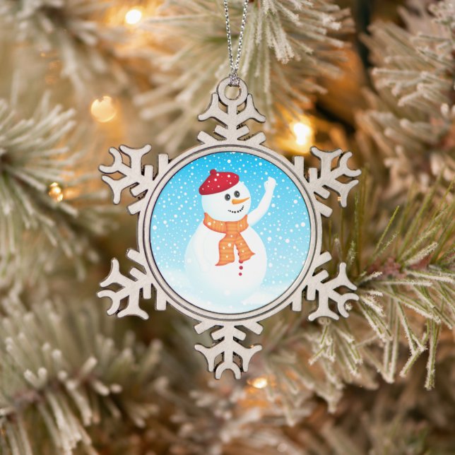 Happy Snowman Pewter Snowflake Ornament (Tree)