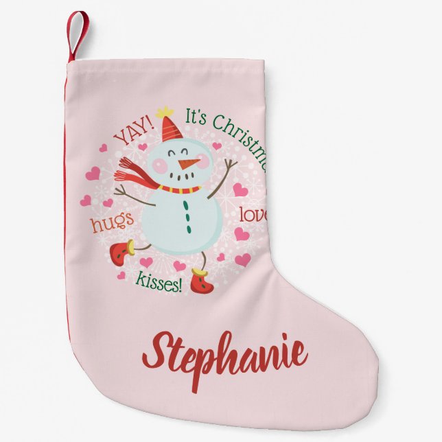Happy Snowman Pink Christmas Small Christmas Stocking (Front)