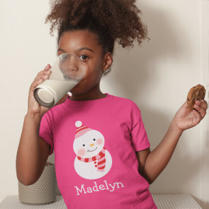 Happy Snowman Pink Personalized Girls Name T-Shirt