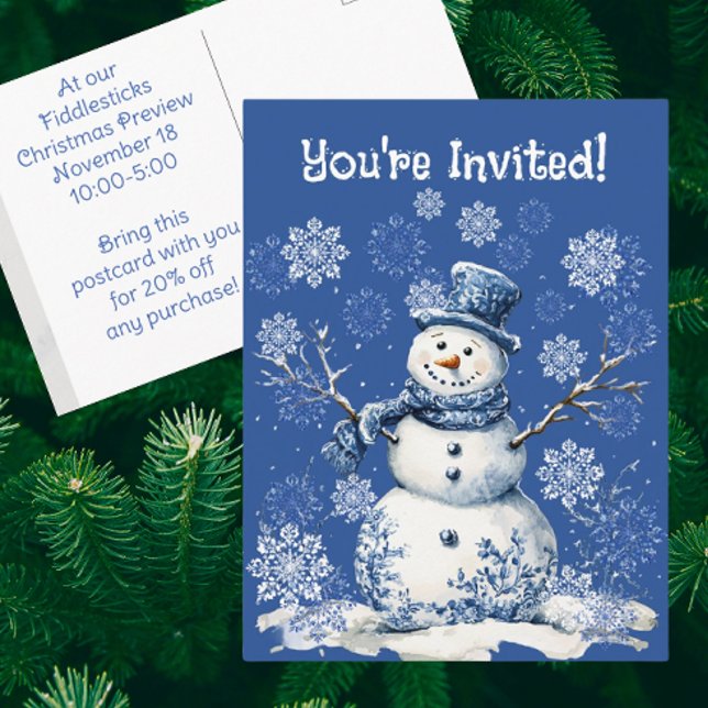 Happy Snowman Snowflakes Blue White Business Postcard (Personalized Business Post card. Bring customers to your store!)