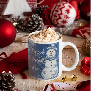Happy Snowman Snowflakes Blue White Let It Snow Coffee Mug
