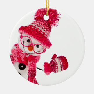 Happy Snowman Spectacled In Knitted Pink Hat Ceramic Ornament
