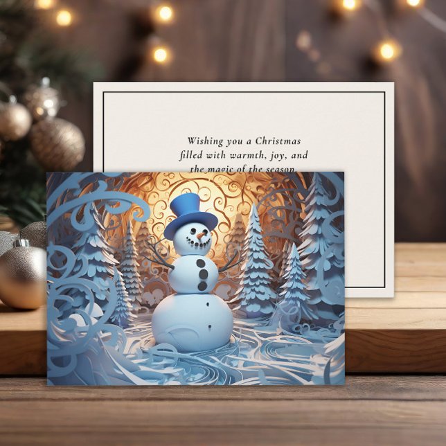 Happy Snowman Top Hat Snowy Forest Christmas Holiday Card (Magical snowman Christmas greeting card )