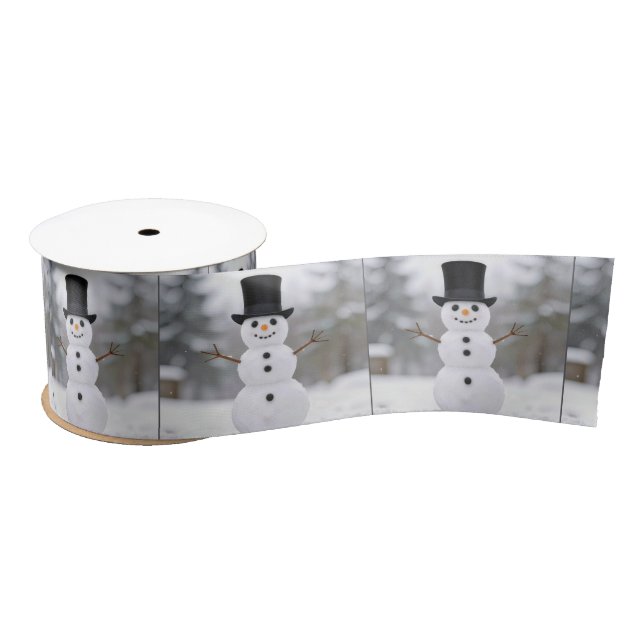 Happy Snowman Wearing a Top Hat Satin Ribbon (Spool)