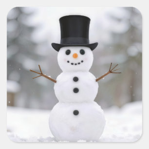Happy Snowman Wearing a Top Hat Square Sticker