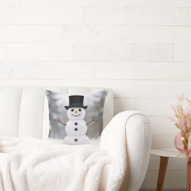 Happy Snowman Wearing a Top Hat Throw Pillow (Couch)