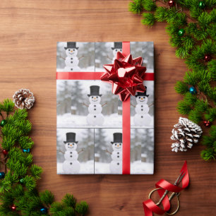 Happy Snowman Wearing a Top Hat Wrapping Paper