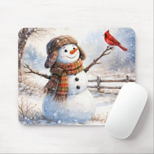 Happy Snowman With Red Cardinal Bird Mouse Pad