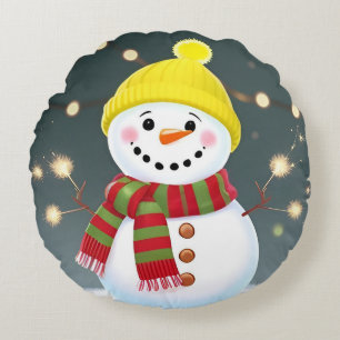 Happy Snowman with Sparklers and Santa Hat Round Pillow