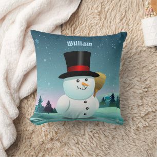 Happy Snowman With Top Felt Hat Throw Pillow
