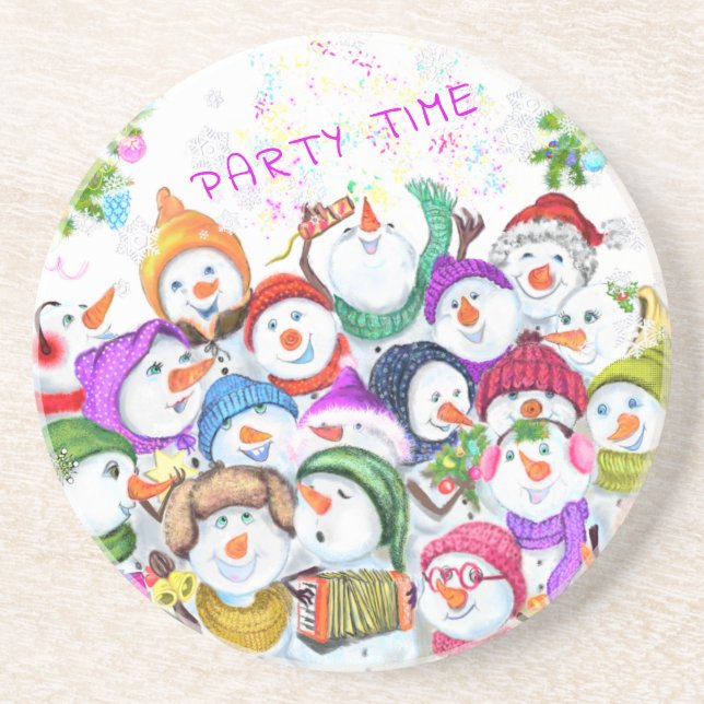 Happy Snowmans Christmas Party Funny Coaster (Front)