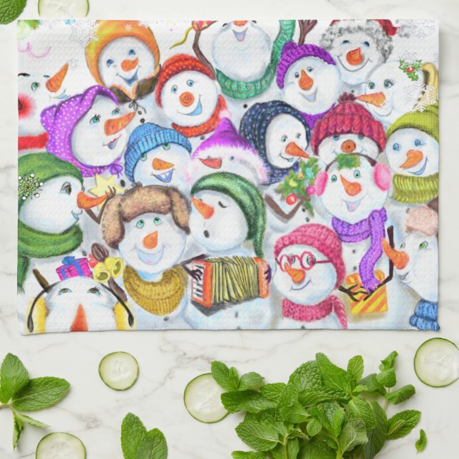 Happy Snowmans Christmas Party Kitchen Towel (Folded)