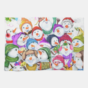 Happy Snowmans Merry Christmas Party Funny Drawing Kitchen Towel