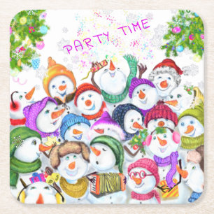 Happy Snowmans Merry Christmas Party Funny Drawing Square Paper Coaster