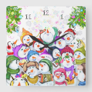Happy Snowmans Merry Christmas Party Funny Drawing Square Wall Clock