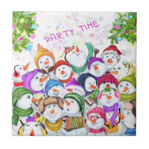 Happy Snowmans Merry Christmas Party Funny Drawing Tile