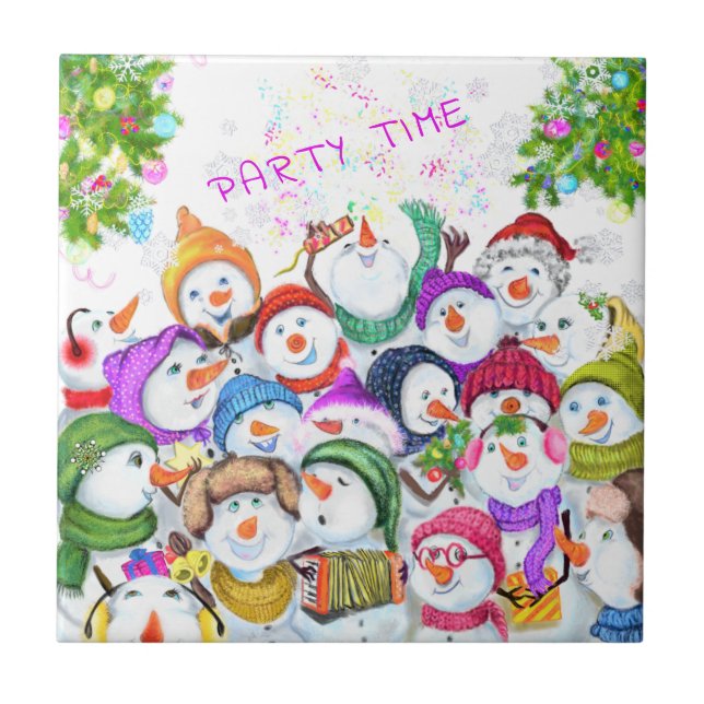 Happy Snowmans Merry Christmas Party Funny Drawing Tile (Front)