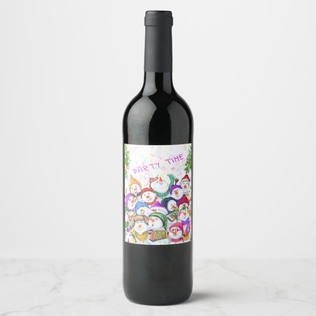 Happy Snowmans Merry Christmas Party Funny Drawing Wine Label (Front)