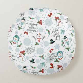 Happy Snowmen Holiday Christmas Pattern Round Pillow