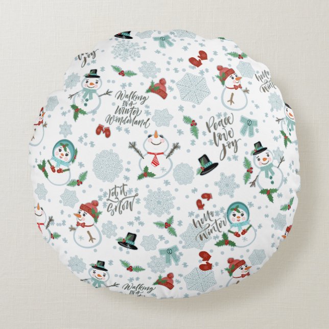 Happy Snowmen Holiday Christmas Pattern Round Pillow (Front)