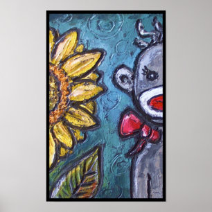 HAPPY Sock Monkey and Sunflower Poster