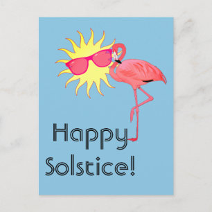 Happy Solstice Flamingo and Sun Face Postcard