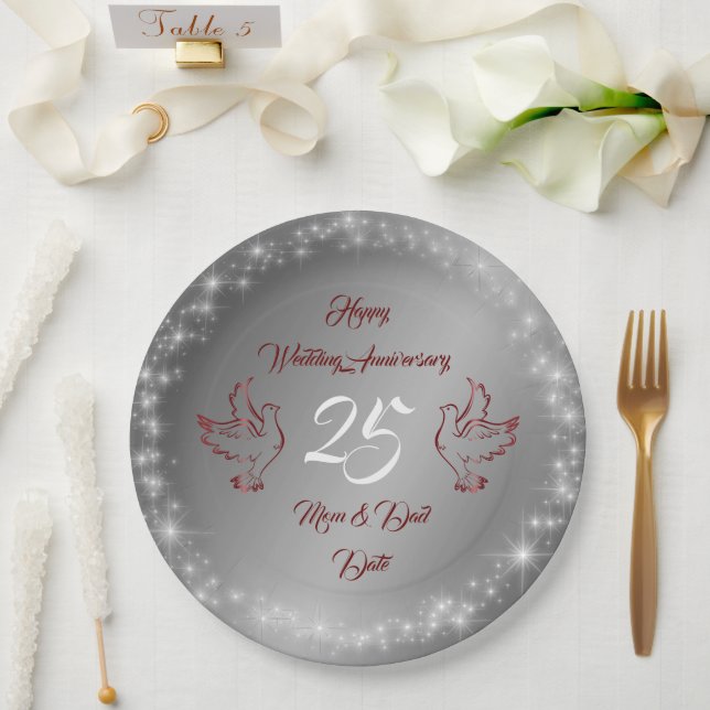 Happy Sparkly Customize Silver 25th Anniversary Paper Plate (Wedding)