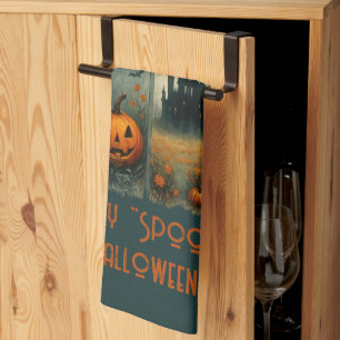 Happy "Spooky" Halloween Pumpkin Scarecrow Bats Kitchen Towel