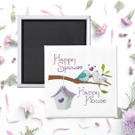 Happy Spouse Happy House Cartoon Love Birds Magnet<br><div class="desc">Cute cartoon drawing of two love birds kissing and snuggling on a tree branch, with their happy home bird house on the branch below, in pastel blue, green, gray, and lavender. You've heard "happy wife, happy life"; It's also worth spreading the news that a happy spouse means you probably have...</div>