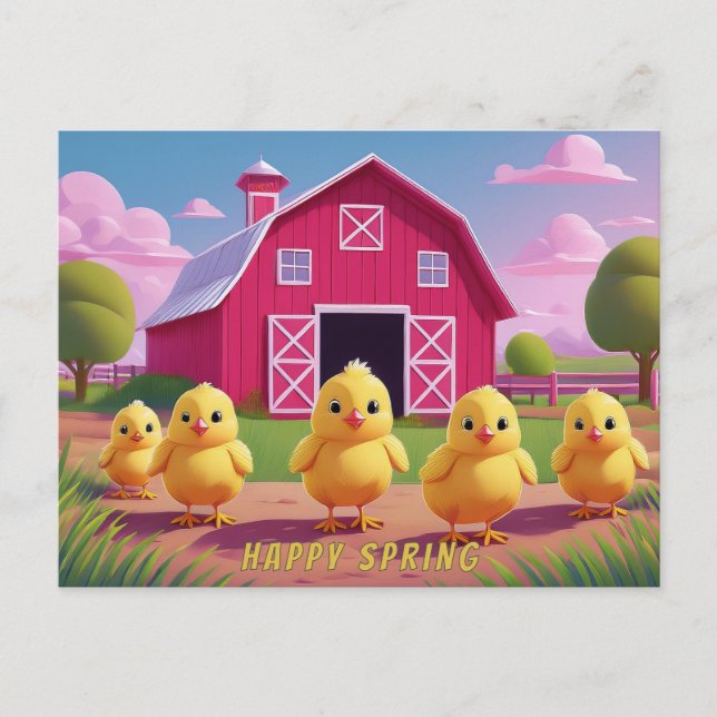 Happy Spring Chicks in Barnyard Postcard (Front)