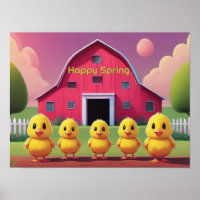 Happy Spring Chicks in Barnyard