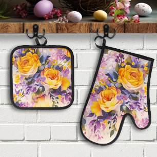 Happy Spring Colourful Painted Flowers Oven Mitt & Pot Holder Set