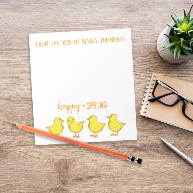 Happy Spring Cute Chick Personalized Desk Paper Notepad (Happy Spring personalized desk paper with cute yellow chicks and seasonal header.)