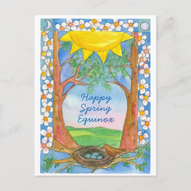 Happy Spring Equinox Sunshine Bird Trees Nature Postcard (Front)