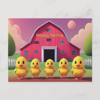 Happy Spring Five Yellow Chicks in Barnyard Postcard