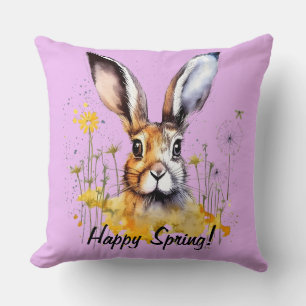Happy Spring Floral Bunny with Yellow Dandelions Throw Pillow